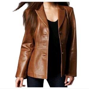 Jones New York Women Brown Genuine Leather Blazer Jacket Size Medium